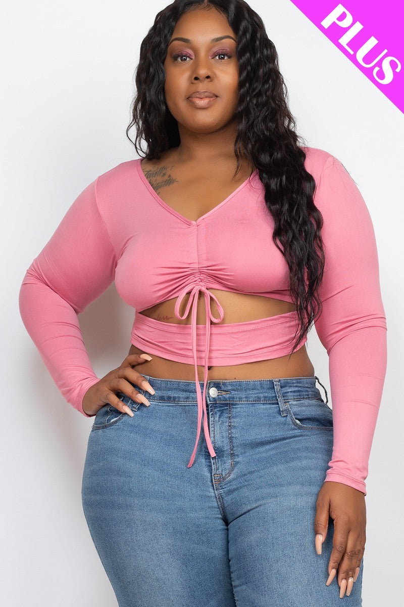 Plus Size Drawstring Ruched Cutout Crop Top - YuppyCollections