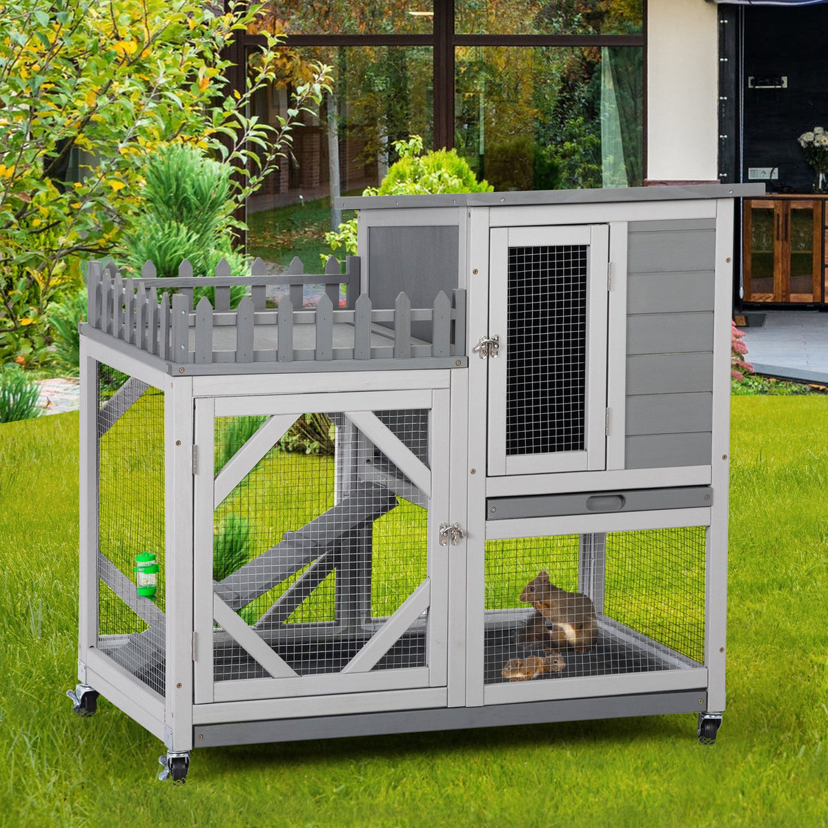 Large Rabbit Hutch, Wooden Bunny Cage with Casters, Fence, Trays, Water Bottle, Indoor and Outdoor Animal House for Rest and Run, Easy Clean, Gray