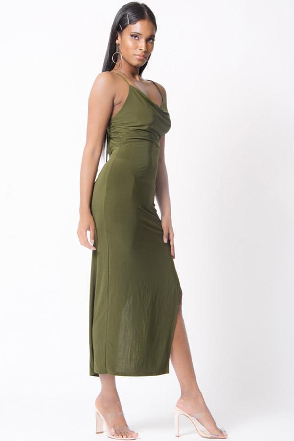 COWL NECK SIDE SLIT MIDI DRESS - YuppyCollections