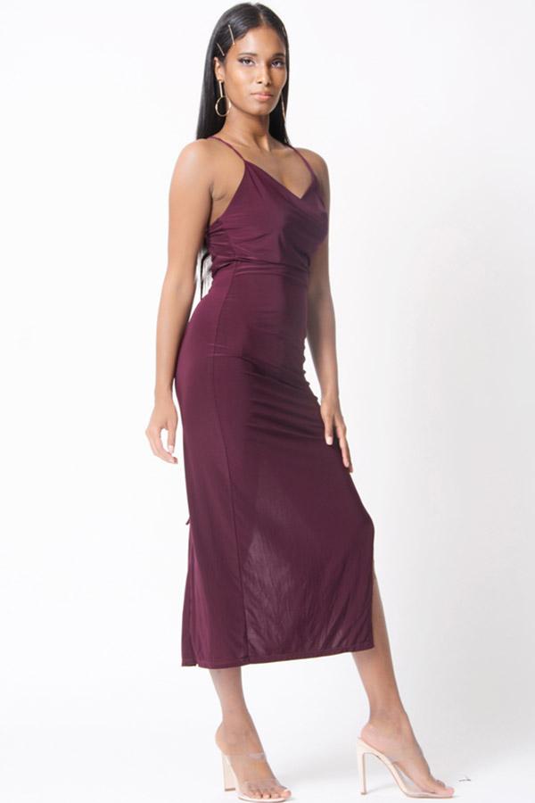 COWL NECK SIDE SLIT MIDI DRESS - YuppyCollections