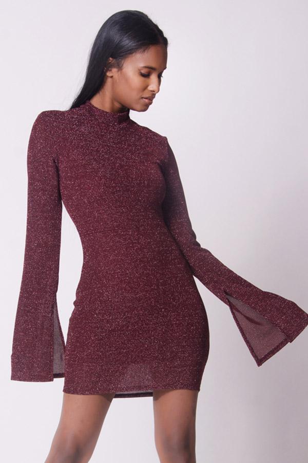 BELL SLEEVE MOCK NECK MINI DRESS - YuppyCollections