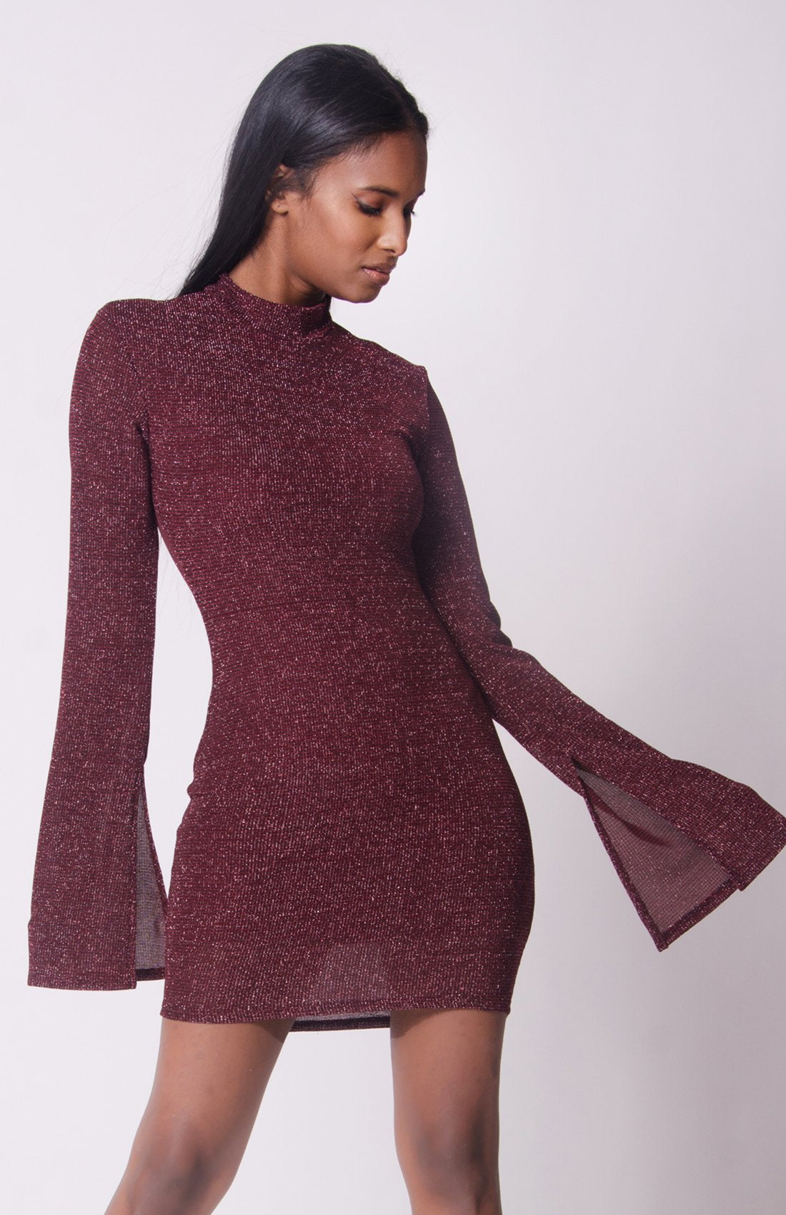 BELL SLEEVE MOCK NECK MINI DRESS - YuppyCollections