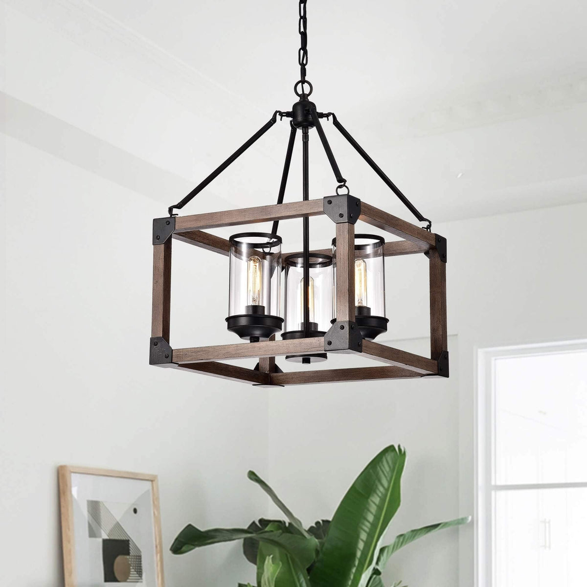 Daniela 3-light Antique Black Wooden Cage Glass Cylinders Cage Pendant Chandelier - YuppyCollections