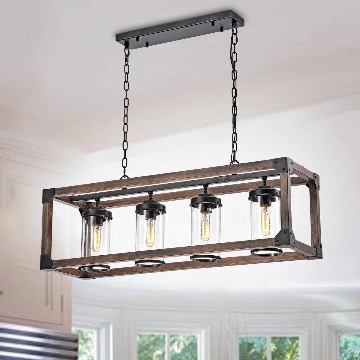 Daniela Chic Antique Black Metal and Wood Bubble Glass Cylinders Rectangular Pendant Chandelier - YuppyCollections