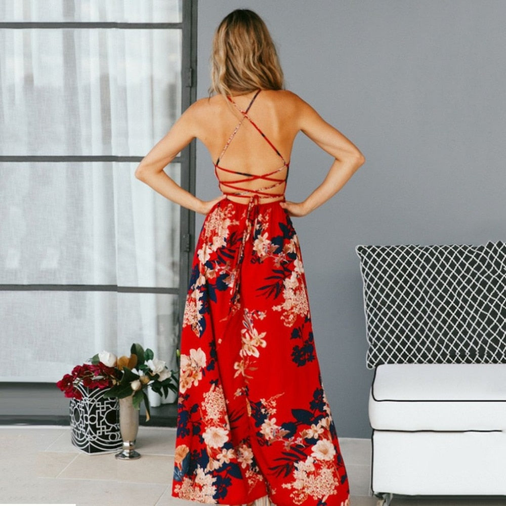 Red Floral Print backless summer dress Women deep V neck bohemian maxi dress Spaghetti irregular long dress - YuppyCollections