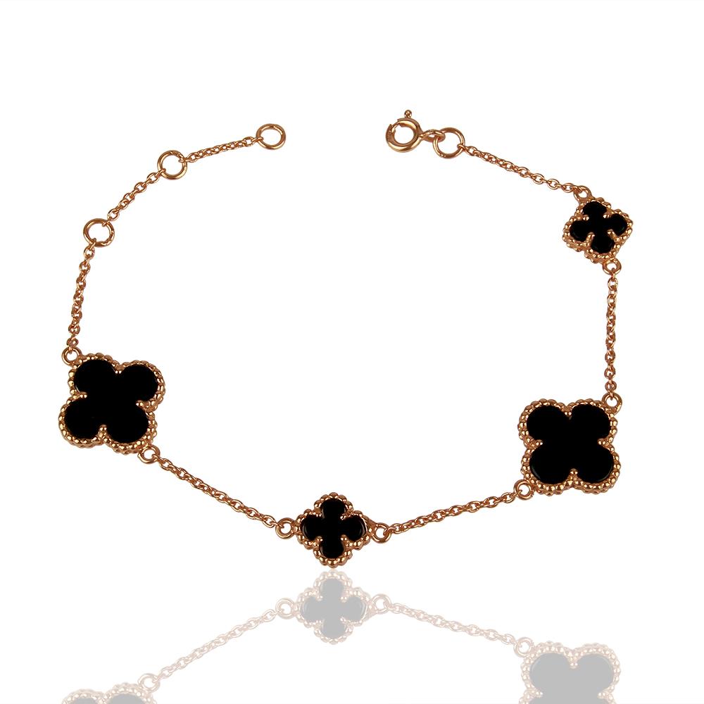 Quatrefoil Bracelet: Faith:Hope:Love:Luck, Black Onyx (Pure Silver Rose Gold vermeil) - YuppyCollections