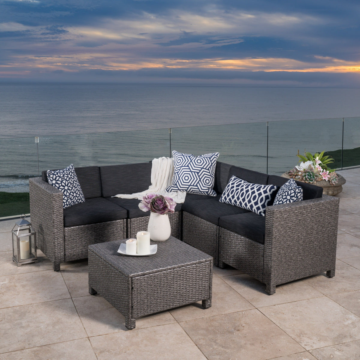 Puerta Outdoor 6-piece Wicker V-Shaped Sectional Sofa Set by Christopher Knight Home - YuppyCollections