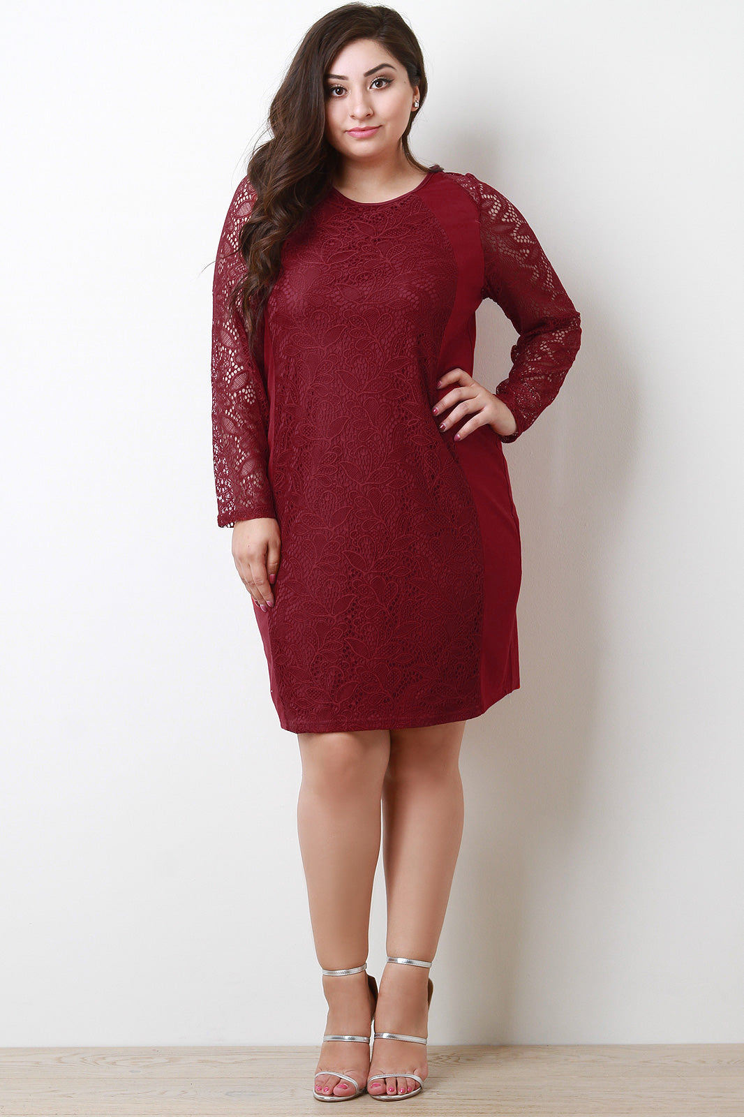 Long Sleeve Lace Contrast Bodycon Dress - YuppyCollections