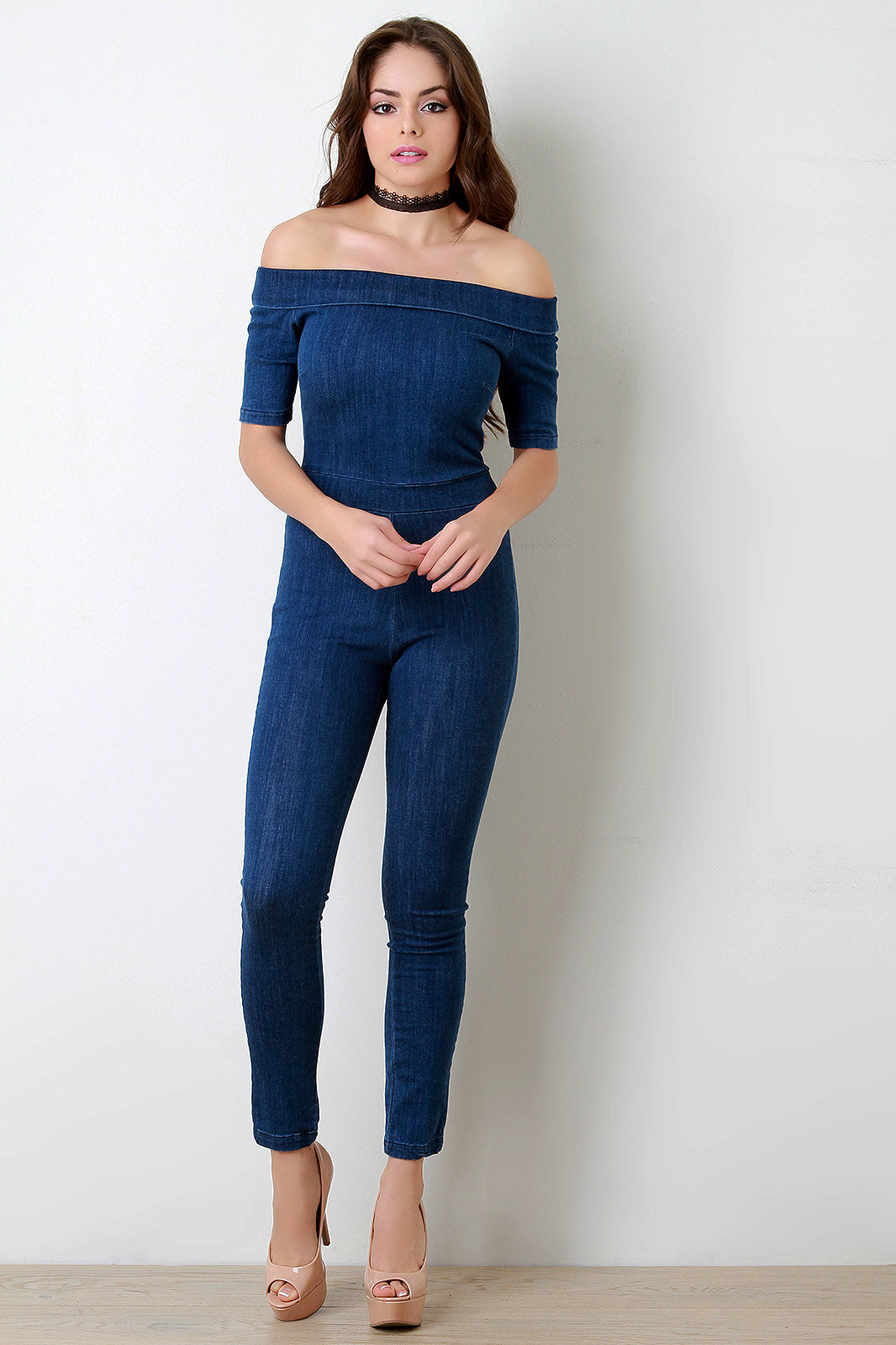 Folded Off-The-Shoulder Washed Denim Jumpsuit - YuppyCollections