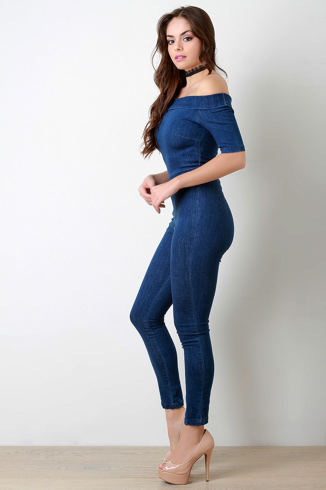 Folded Off-The-Shoulder Washed Denim Jumpsuit - YuppyCollections