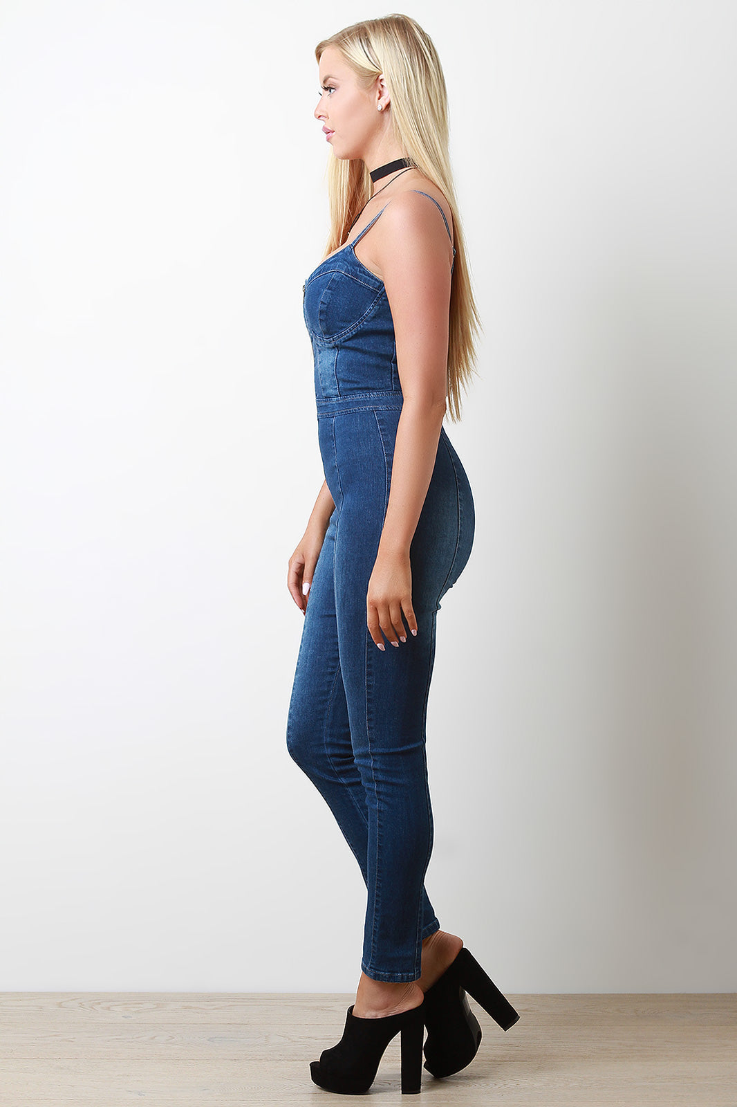 Denim Zippered Front Bustier Fitted Jumpsuit - YuppyCollections