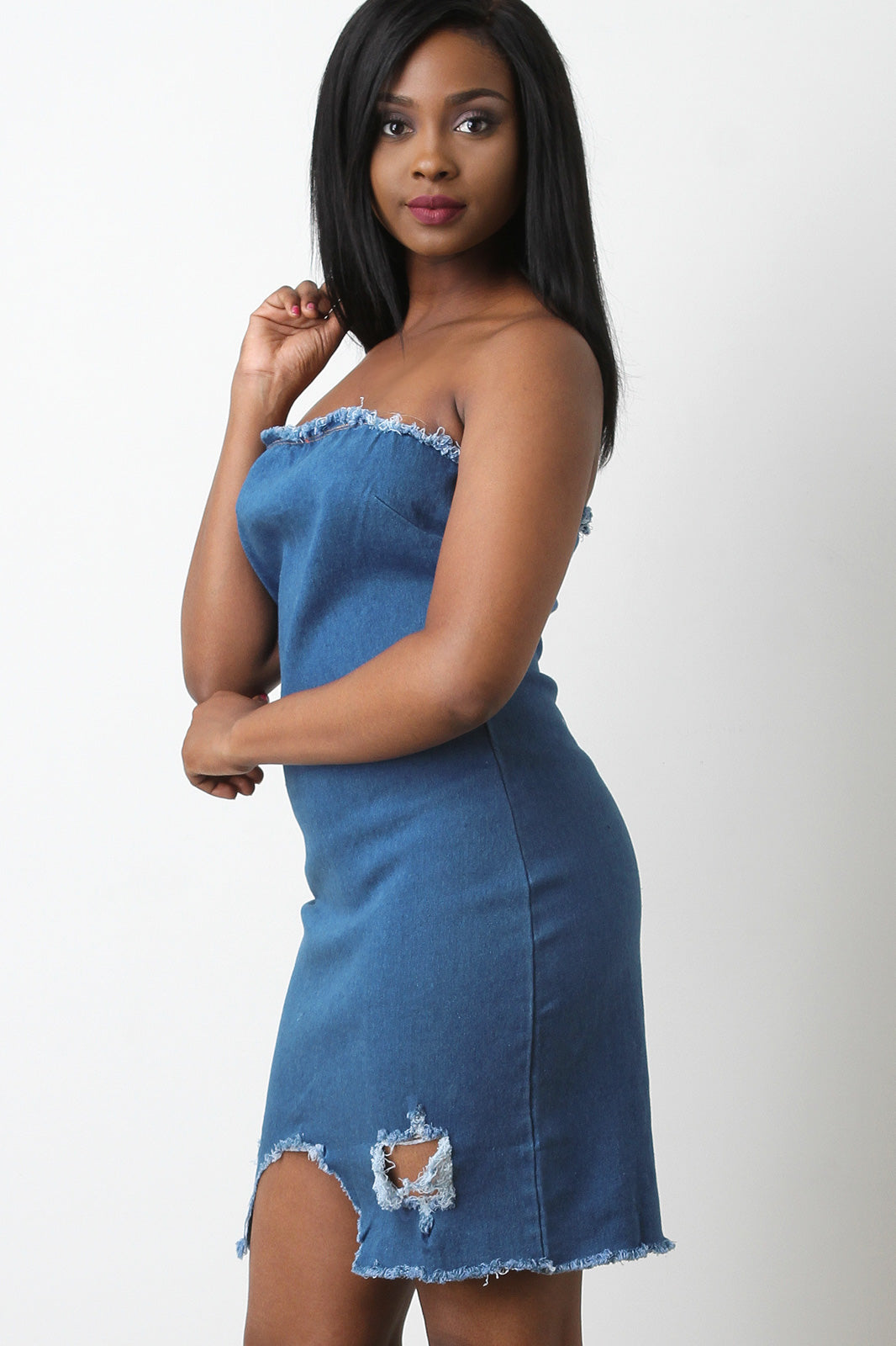 Distressed Denim Strapless Mini Dress - YuppyCollections