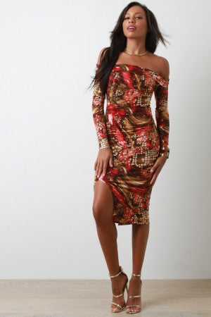 Printed Off The Shoulder Long Sleeve Midi Dress - YuppyCollections