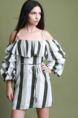 Cold Shoulder Statement Ruched Sleeves Shift Mini Dress - YuppyCollections