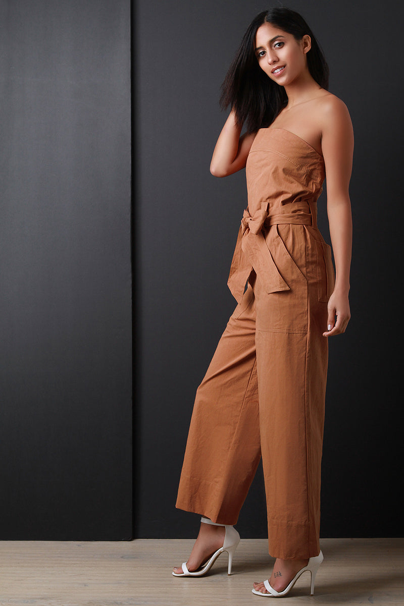 Strapless Waist Sash Palazzo Jumpsuit - YuppyCollections