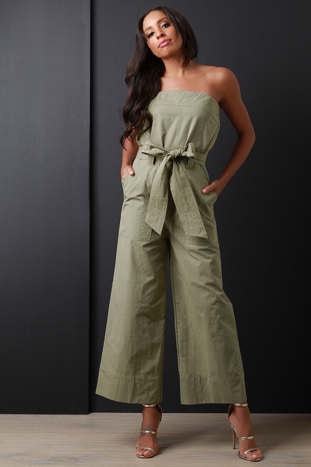 Strapless Waist Sash Palazzo Jumpsuit - YuppyCollections