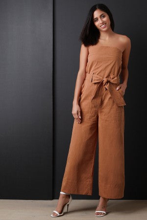 Strapless Waist Sash Palazzo Jumpsuit - YuppyCollections