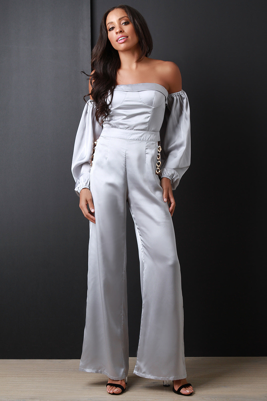 Satin Ring-Link Hips Bardot Jumpsuit - YuppyCollections