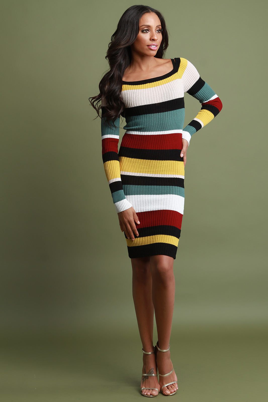 Striped Knit Boat Neck Bodycon Midi Dress - YuppyCollections