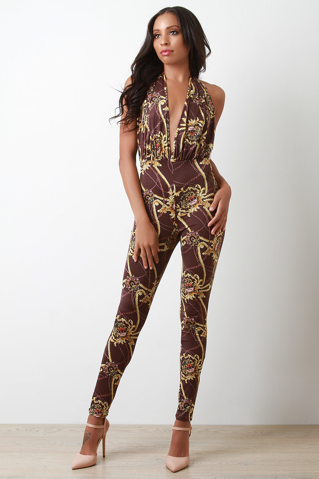 Rope Fleur De Lis Backless Halter Jumpsuit - YuppyCollections