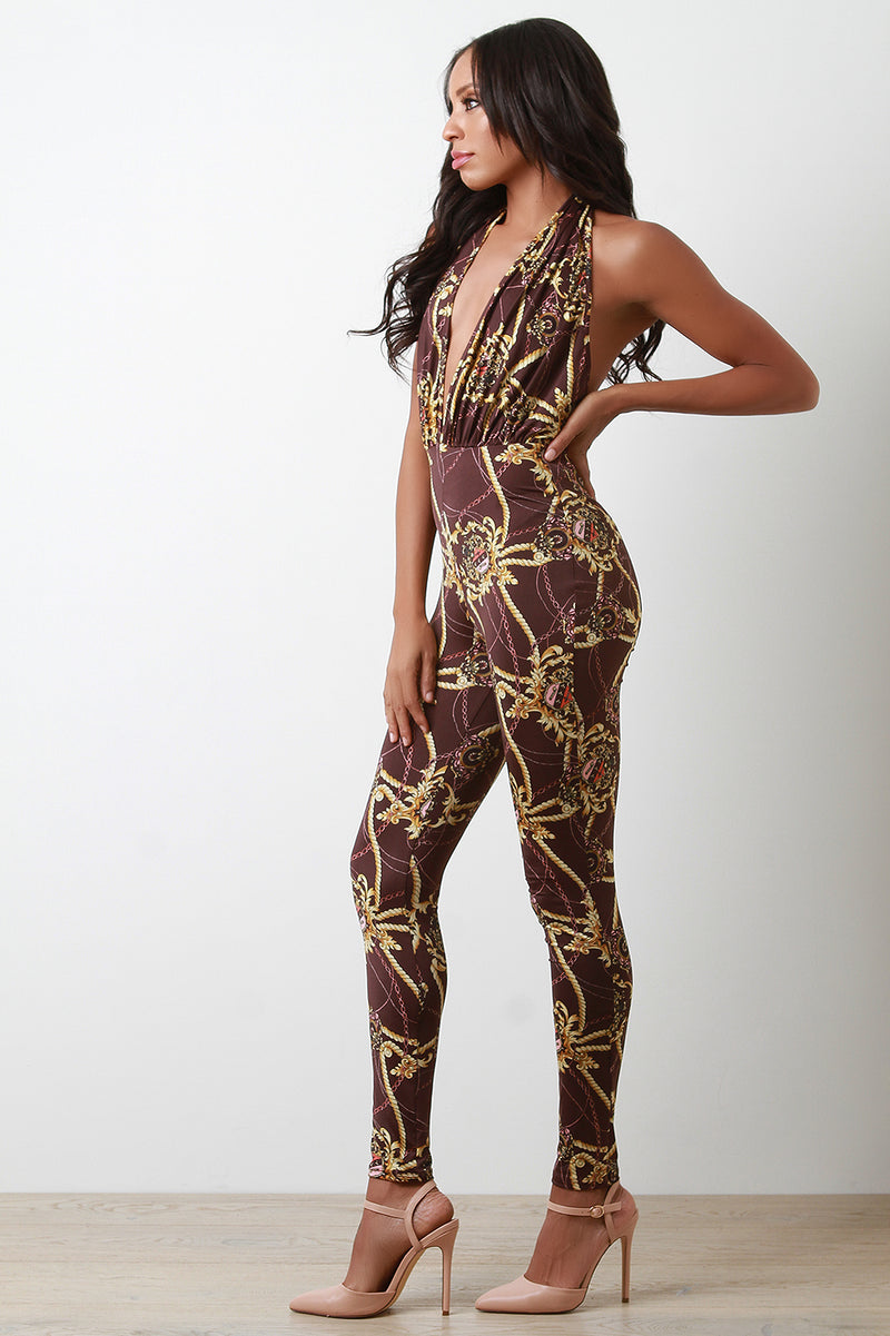 Rope Fleur De Lis Backless Halter Jumpsuit - YuppyCollections