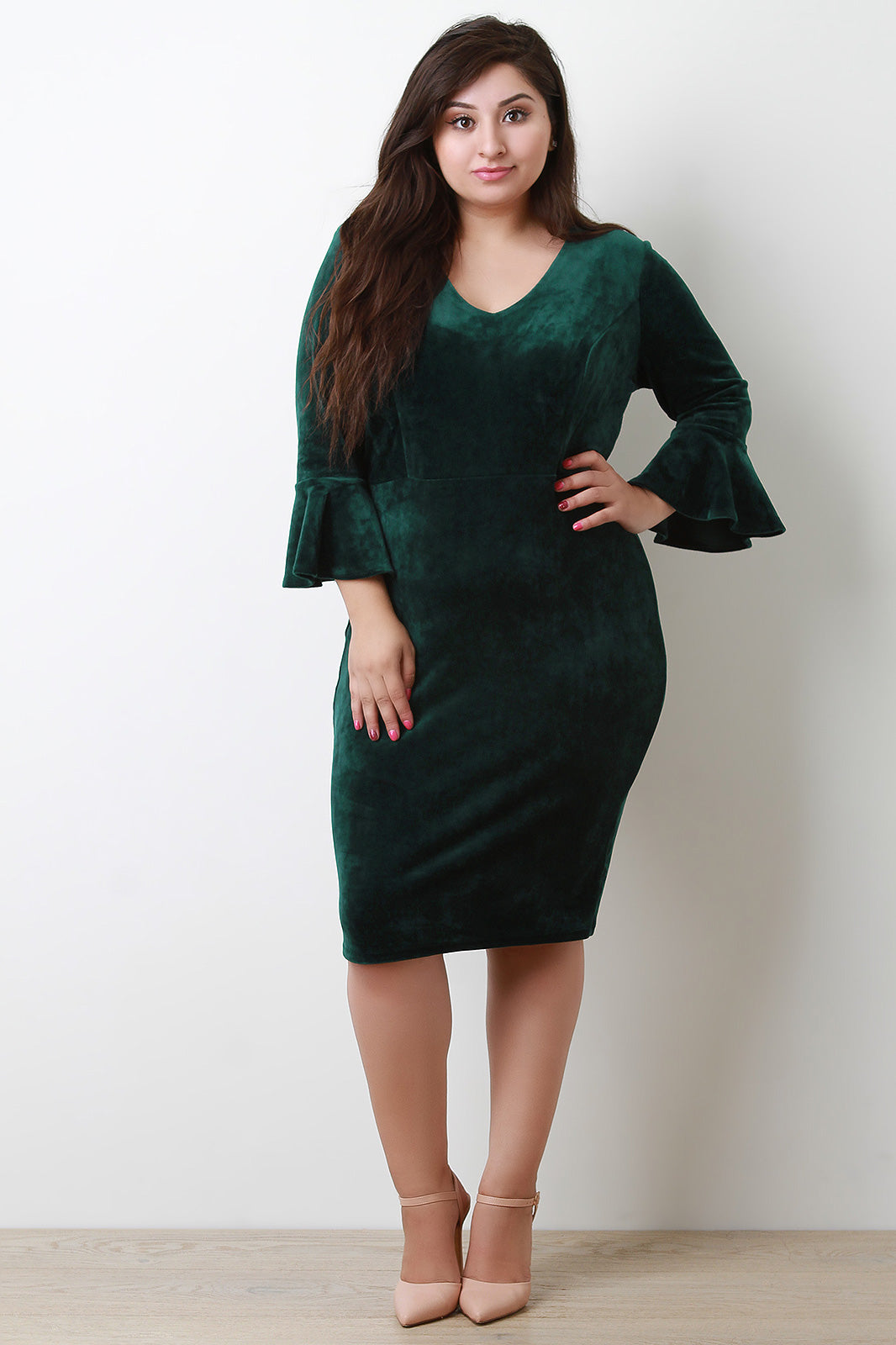 Velvet Trumpet Sleeve Bodycon Dress - YuppyCollections