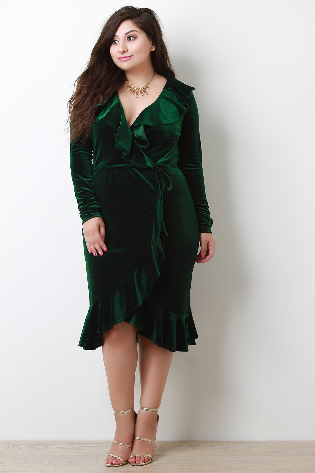 Velvet Ruffles Trim Long Sleeve Wrap Dress - YuppyCollections