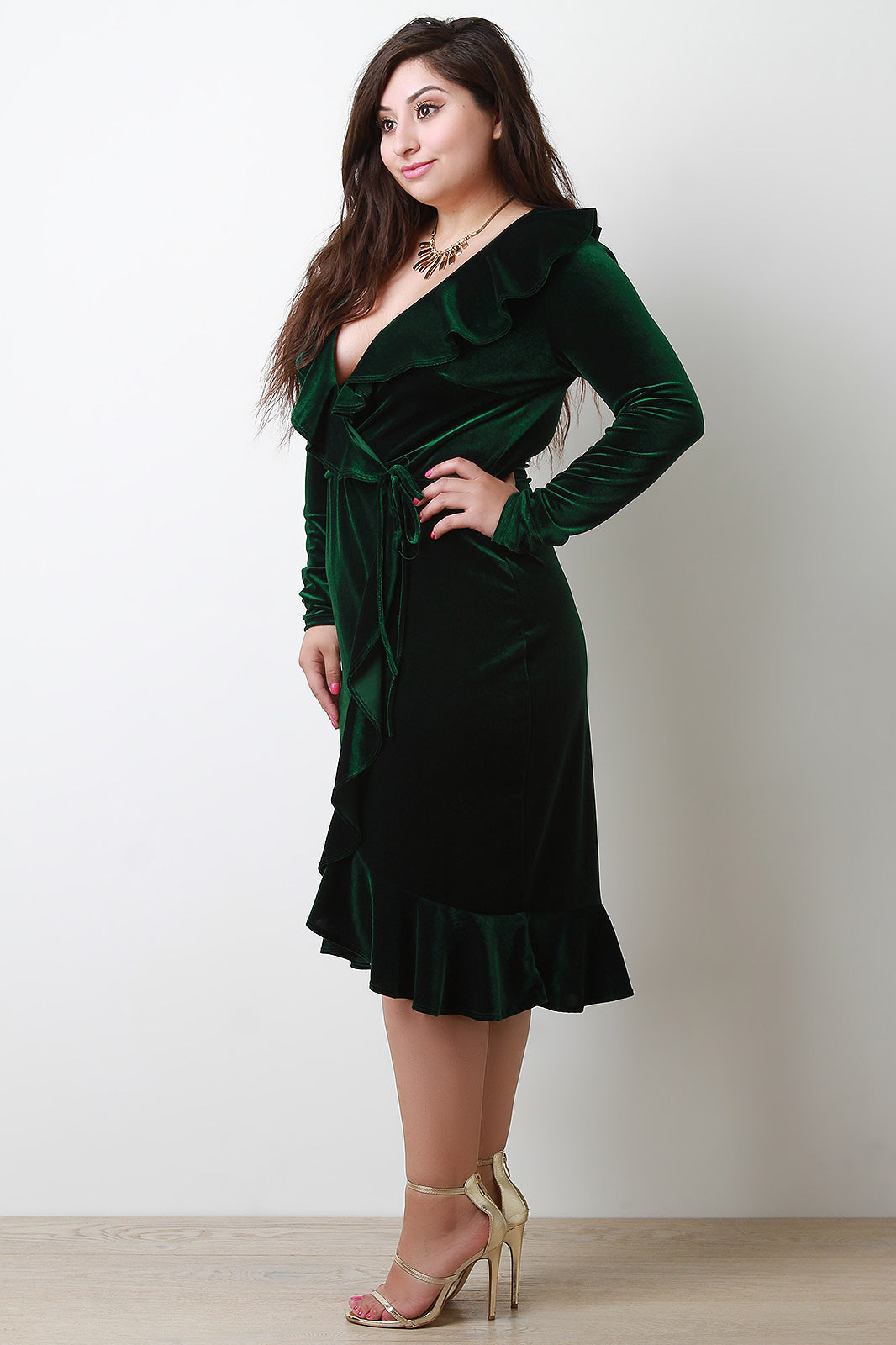 Velvet Ruffles Trim Long Sleeve Wrap Dress - YuppyCollections