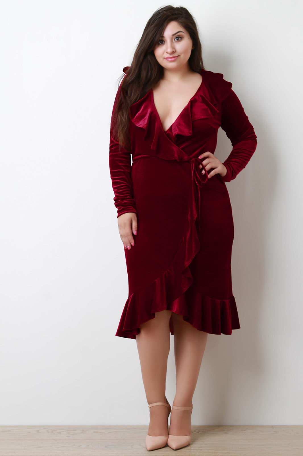 Velvet Ruffles Trim Long Sleeve Wrap Dress - YuppyCollections