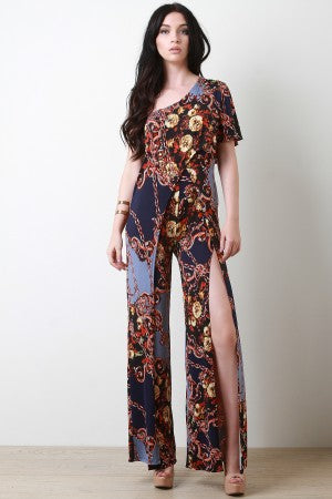 Mixed Chain Print One Shoulder Front Slit Jumpsuit - YuppyCollections