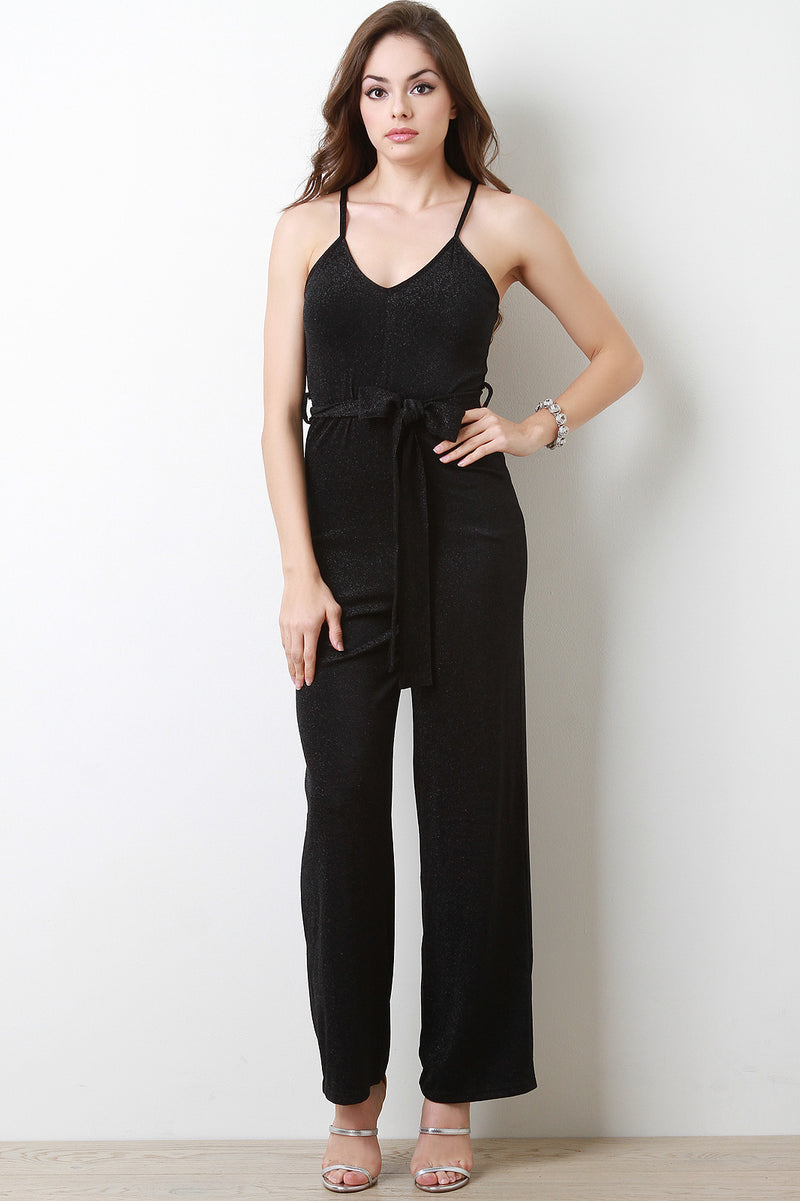 Lurex V-Neck Waist Sash Wide Leg Jumpsuit - YuppyCollections