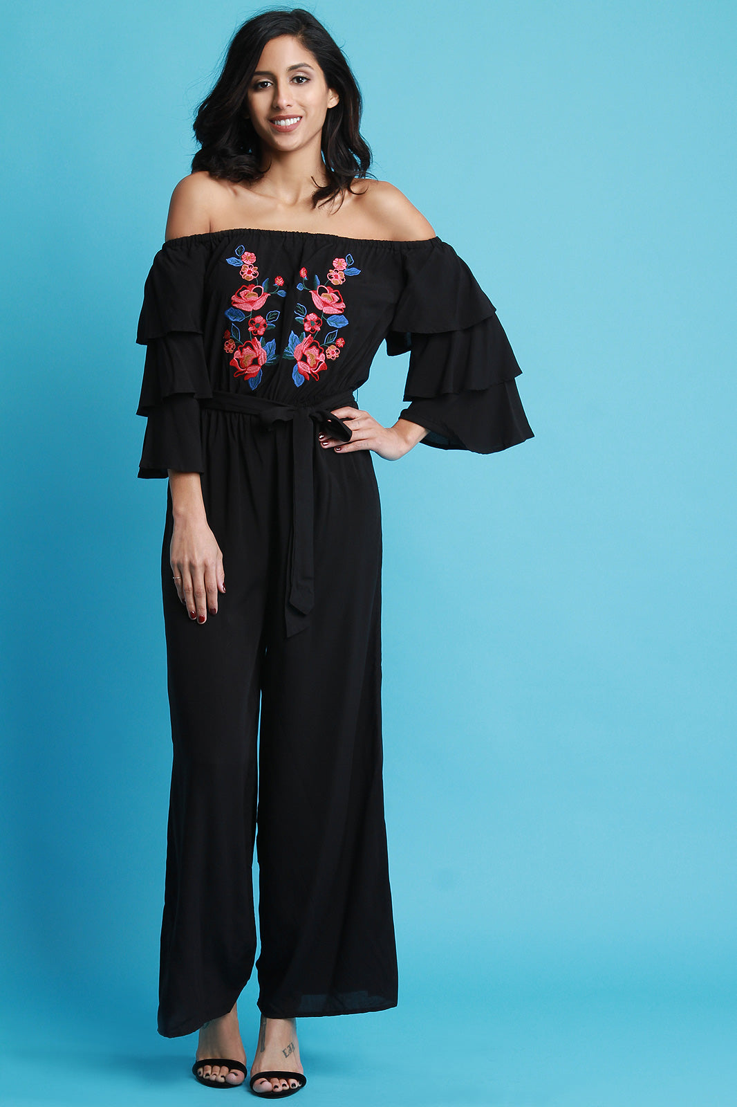 Embroidered Floral Bardot Ruffle Sleeve Jumpsuit - YuppyCollections