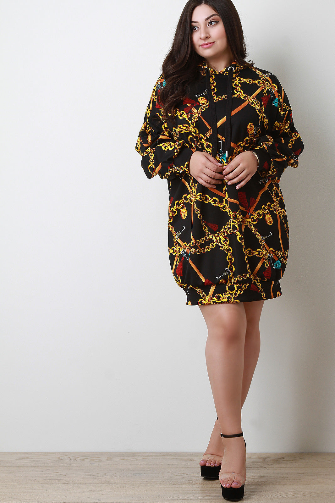 Chain Print Ruched Sleeve Hooded Sweatshirt Dress - YuppyCollections