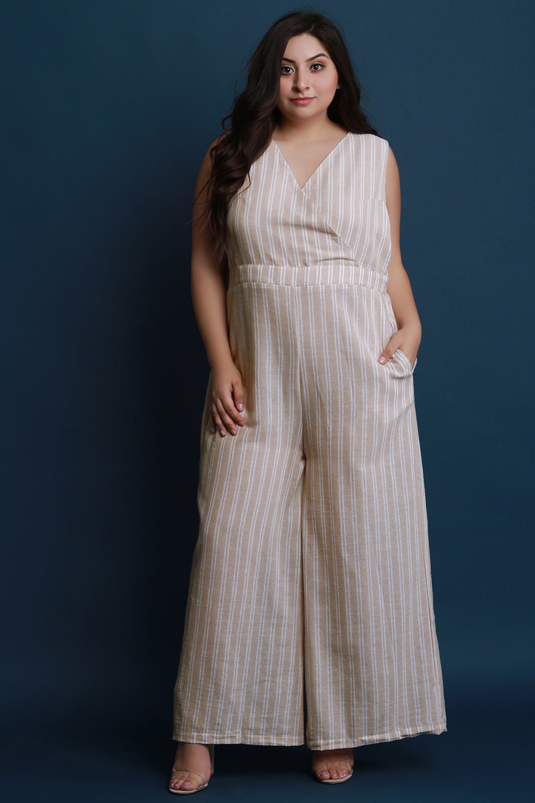 Pinstripe Surplice Open Back Wide Leg Jumpsuit - YuppyCollections