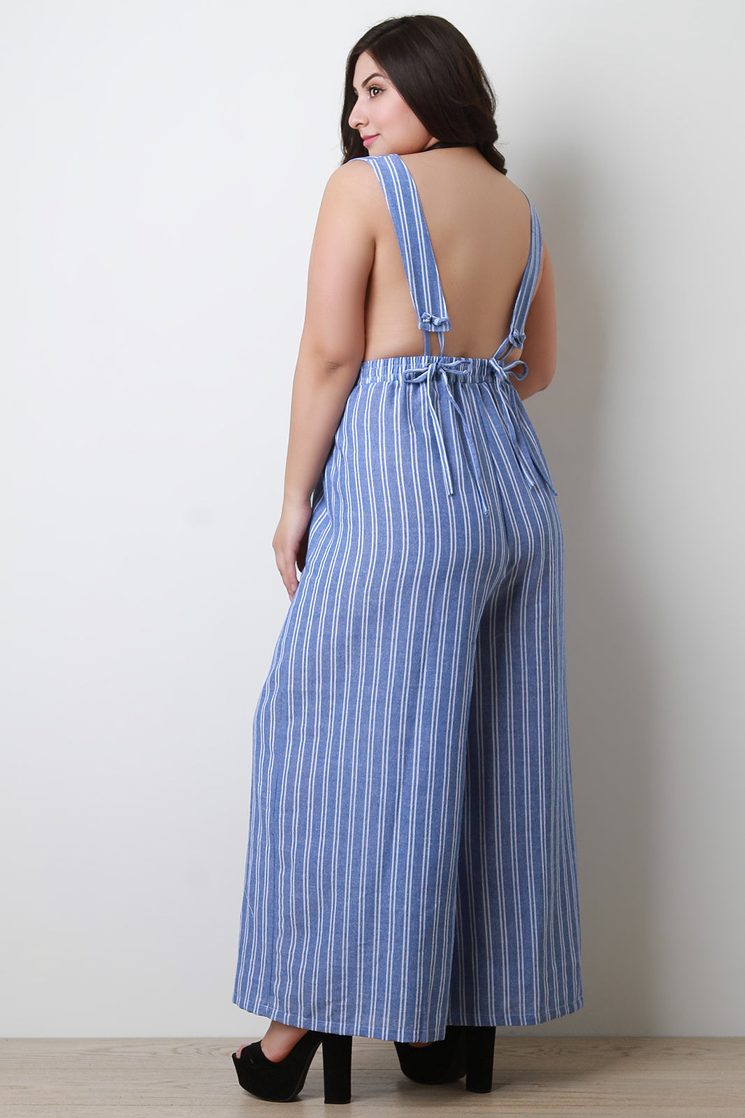 Pinstripe Surplice Open Back Wide Leg Jumpsuit - YuppyCollections