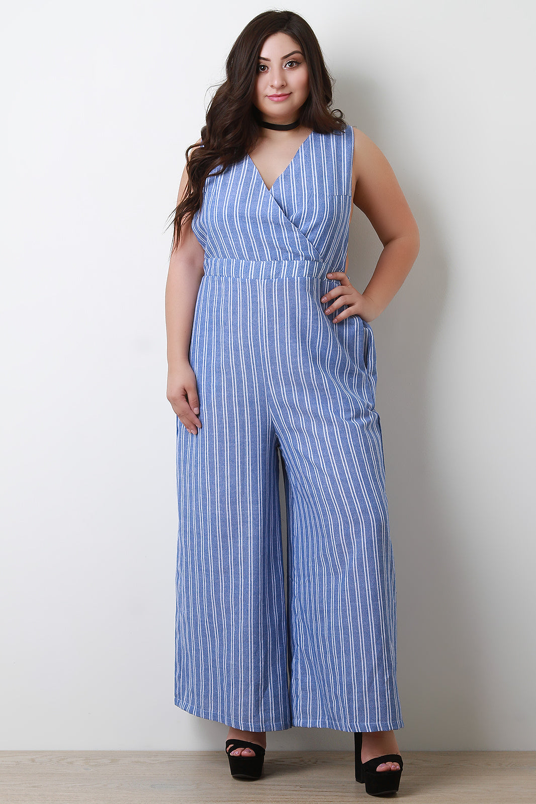 Pinstripe Surplice Open Back Wide Leg Jumpsuit - YuppyCollections