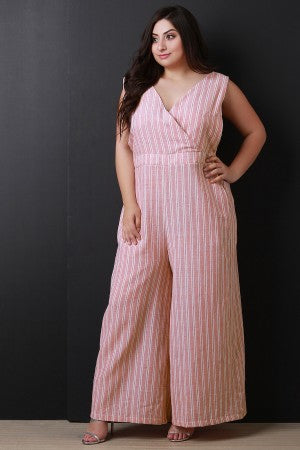 Pinstripe Surplice Open Back Wide Leg Jumpsuit - YuppyCollections