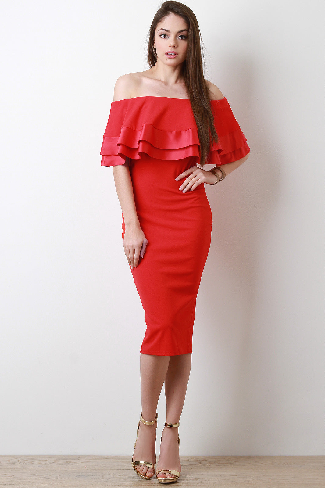 Double Flutter Tier Bardot Midi Dress - YuppyCollections