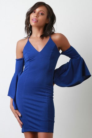 V-Neck Bell Sleeves Cold Shoulder Bodycon Dress - YuppyCollections