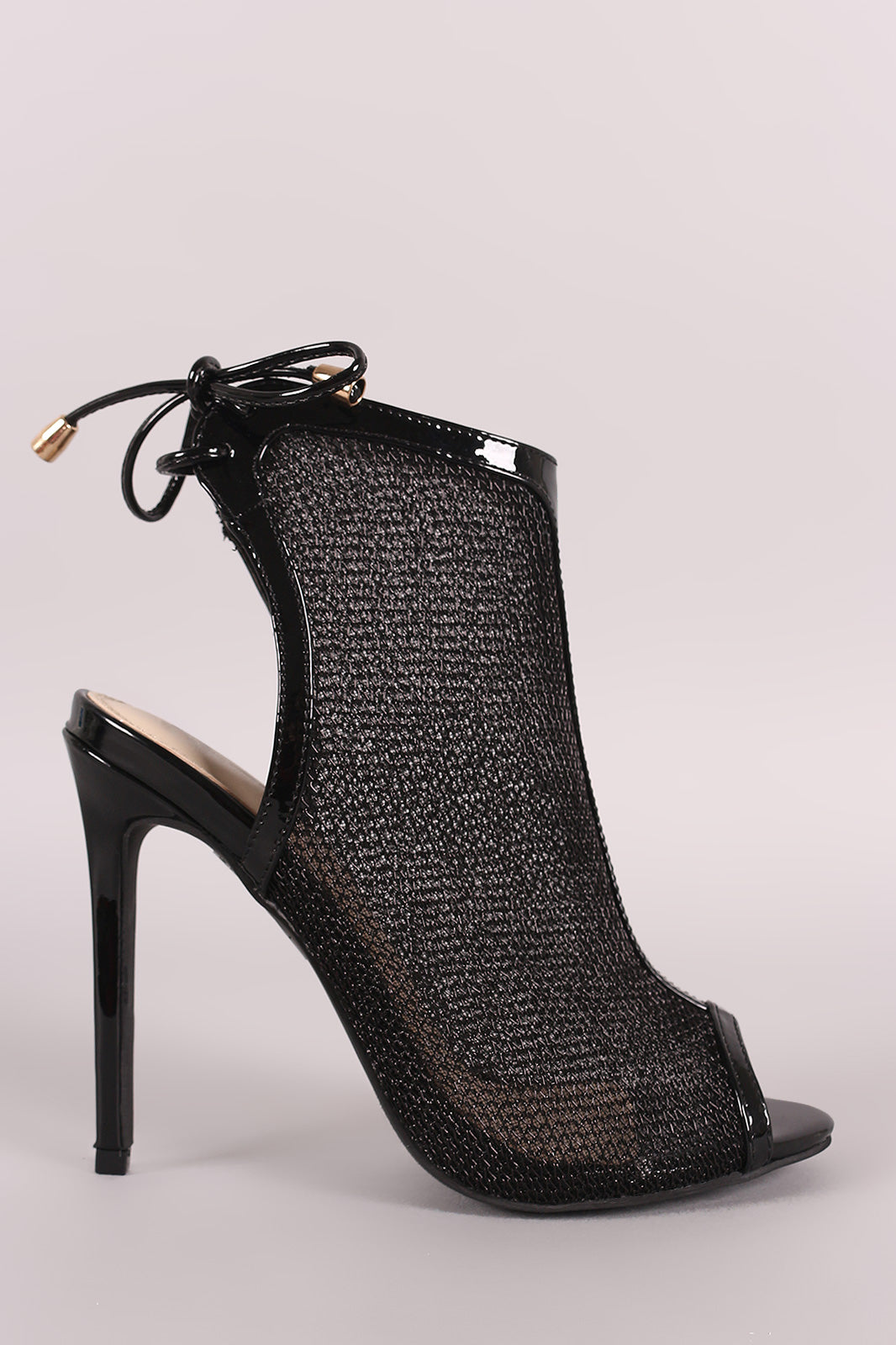 Patent Mesh Back Lace-Up Mule Heeled Booties - YuppyCollections