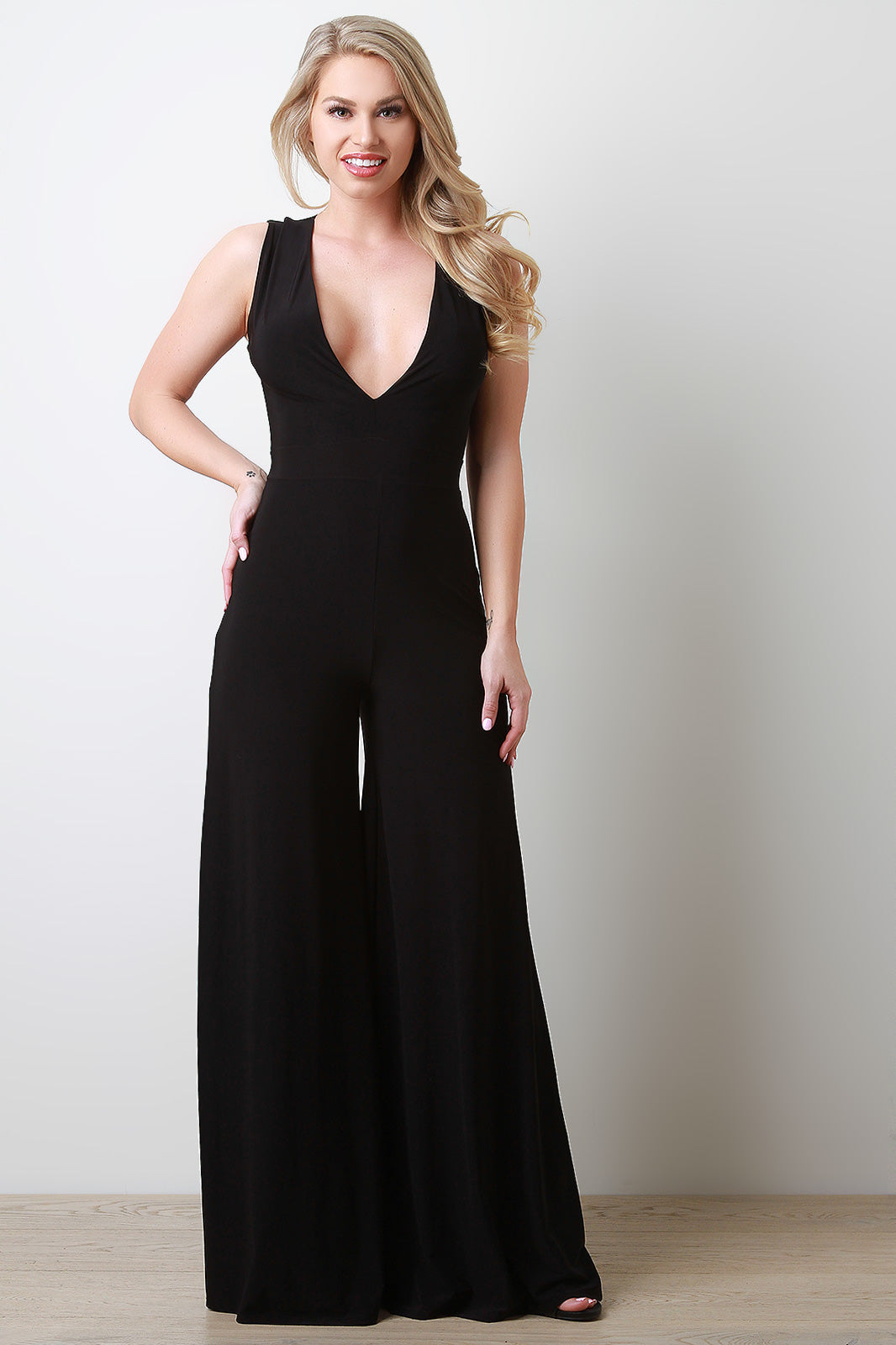 Sleeveless Plunging Neck Wide Leg Jumpsuit - YuppyCollections