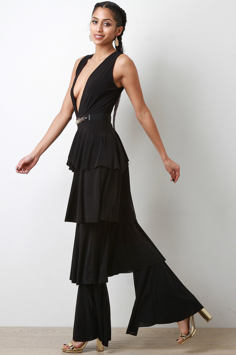 Ruffle Tiered Deep-V Jumpsuit - YuppyCollections