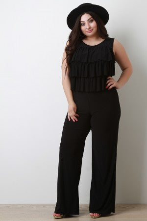 Tiered Ruffle Straight Leg Jumpsuit - YuppyCollections