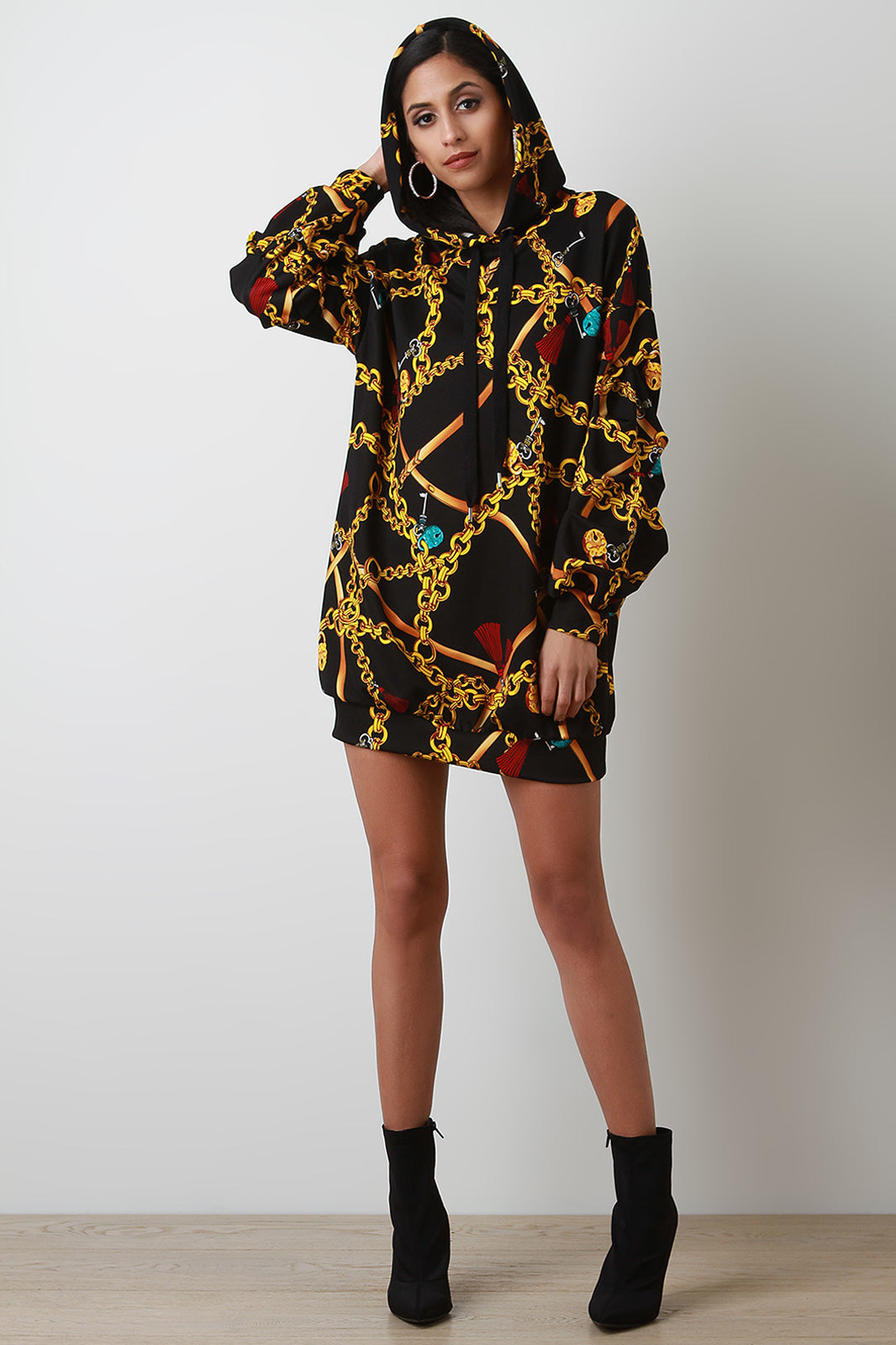 Chain Link Print Ruched Sleeve Hooded Sweatshirt Dress - YuppyCollections