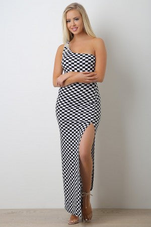 Finish Line Checker Asymmetrical Slit Maxi Dress - YuppyCollections