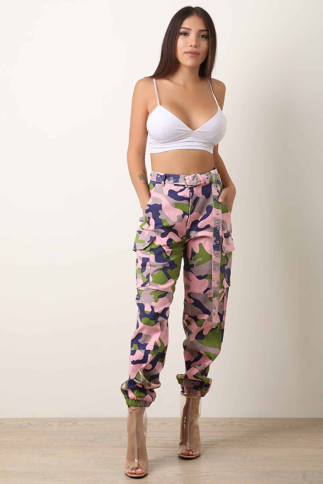 Camo Cargo Belted Jogger Pants - YuppyCollections