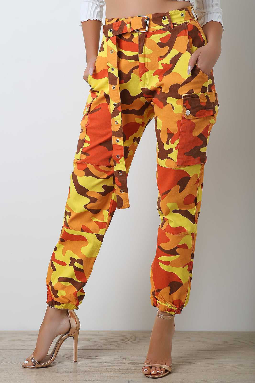 Camo Cargo Belted Jogger Pants - YuppyCollections