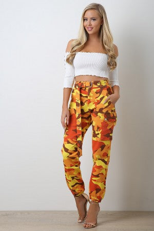 Camo Cargo Belted Jogger Pants - YuppyCollections