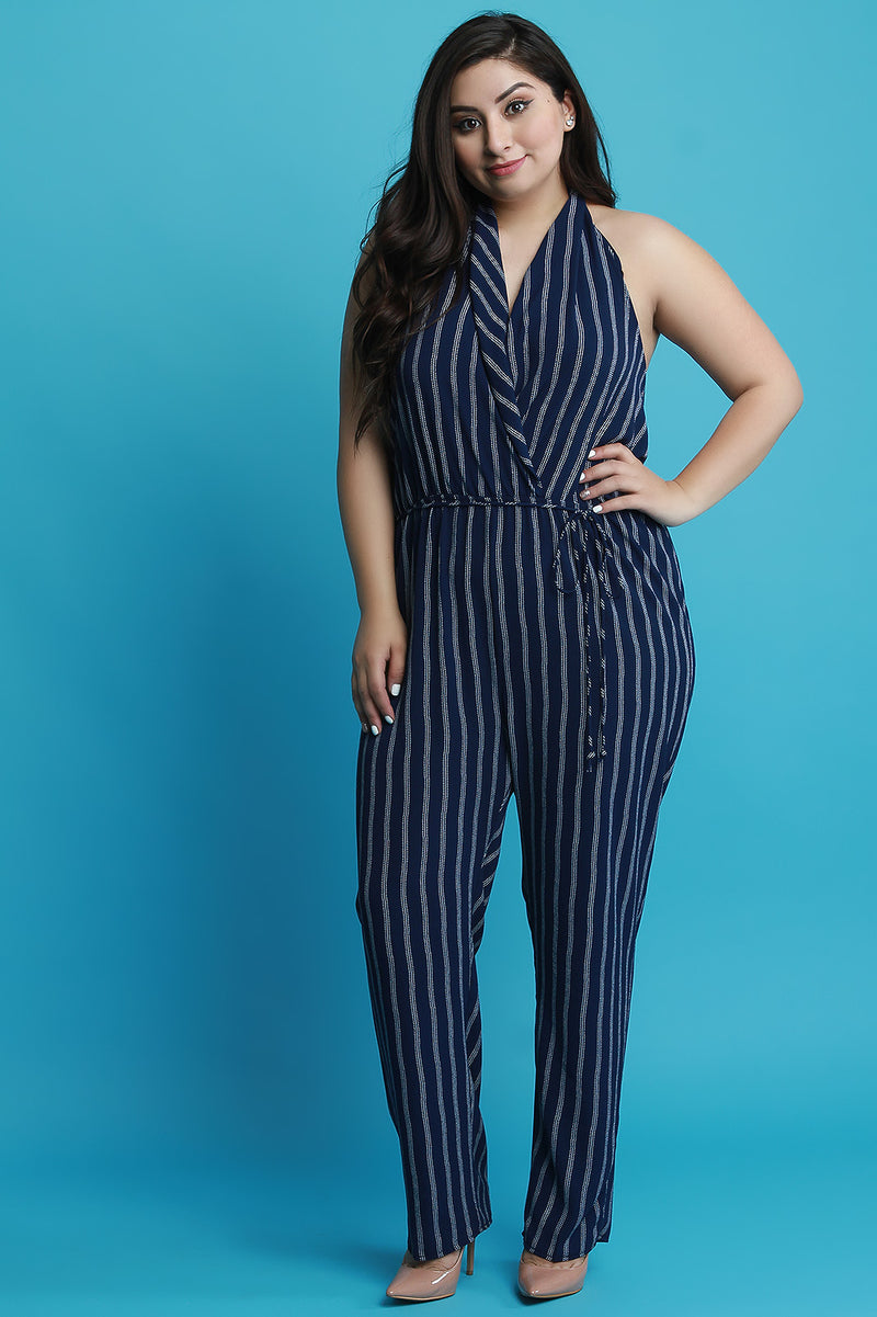 Striped Halter Waist Sash Jumpsuit - YuppyCollections