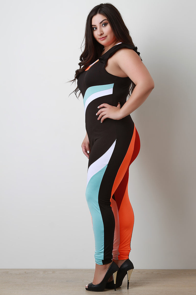 Short Ruffled Sleeve Colorblock Jumpsuit - YuppyCollections